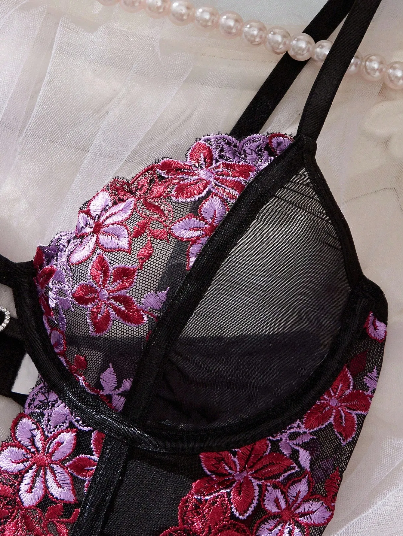 Seduluxe Body femme en maille transparente avec broderie florale – Lingerie élégante