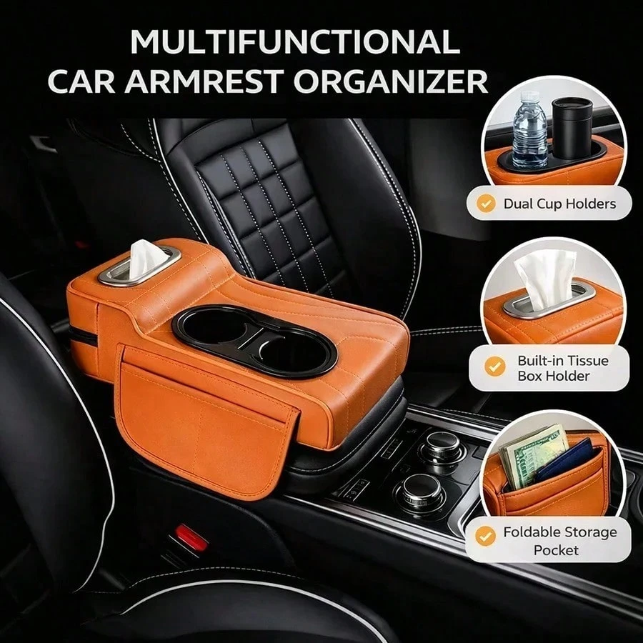 Organisateur d'accoudoir central voiture – Coussin avec double porte-gobelets et rangement pour mouchoirs - Multicolore / Taille Unique
