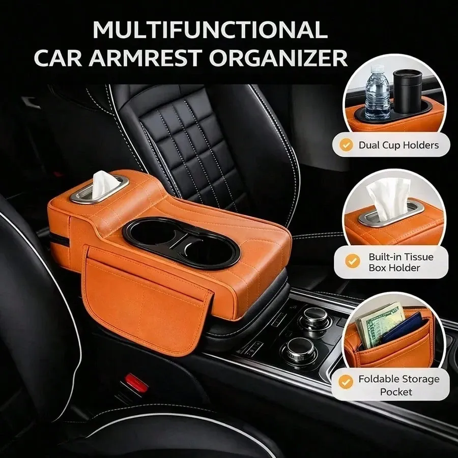 Organisateur d'accoudoir central voiture – Coussin avec double porte-gobelets et rangement pour mouchoirs - Multicolore / Taille Unique