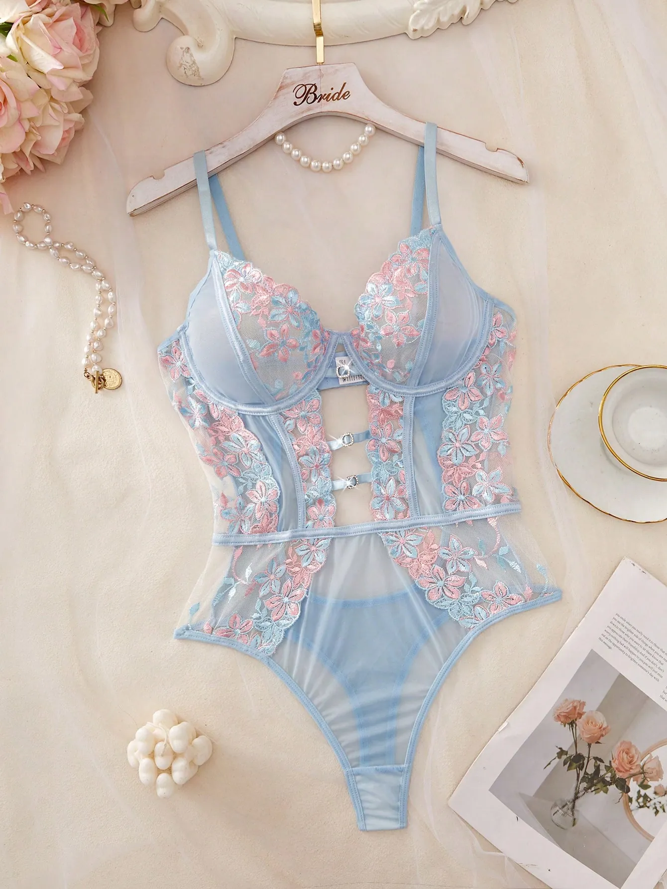 Seduluxe Body femme en maille transparente avec broderie florale – Lingerie élégante