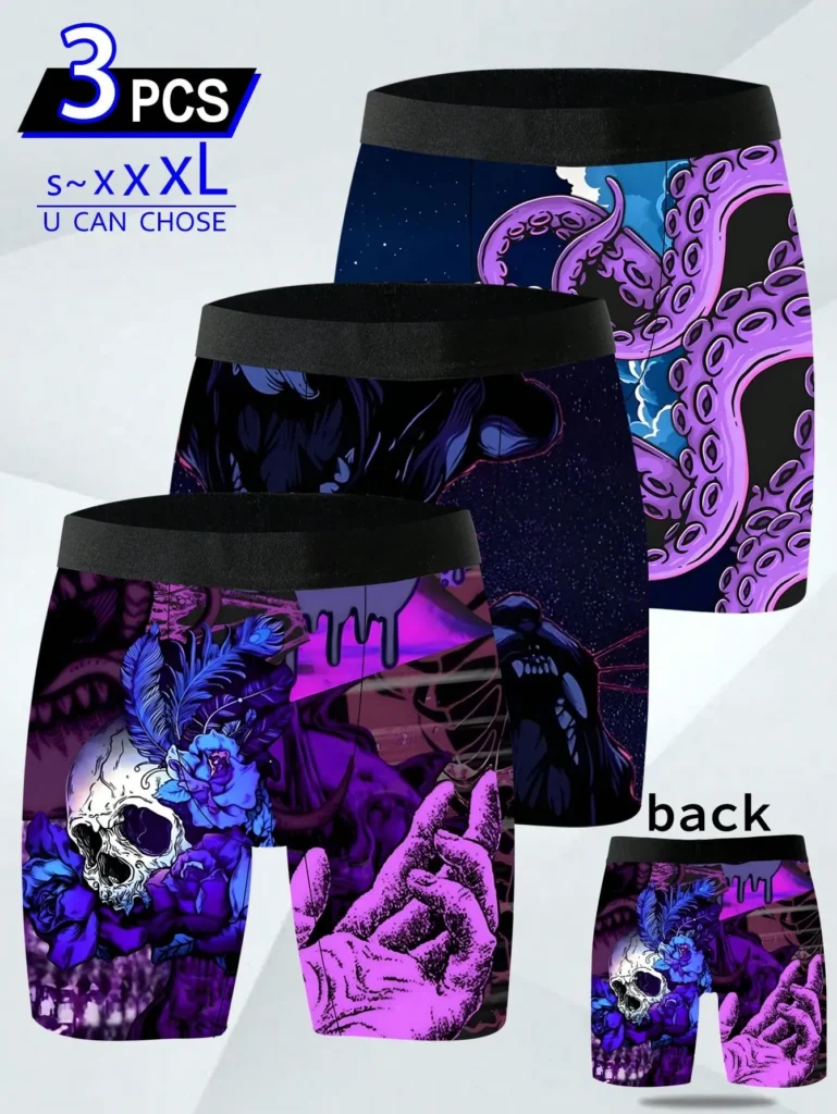 Lot de 3 caleçons longs homme à motifs crânes – Boxers fantaisie respirants - Multicolore