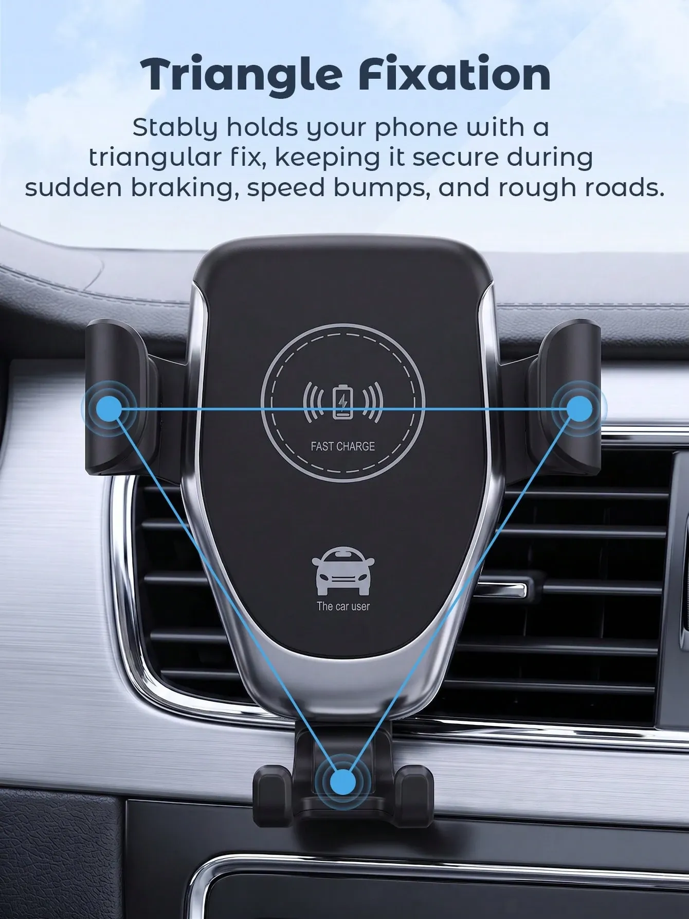 Autofahrschale mit kabellosem Ladegerät Qi 15W – Automatische Befestigung, Befestigung der Belüftungsgitter