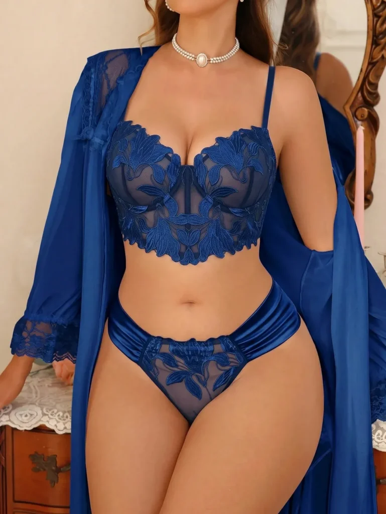 Ensemble lingerie de mariée 2 pièces blanc satiné – Soutien-gorge brodé et culotte - Bleu azur
