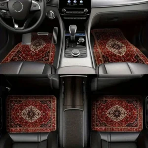 Tapis de sol voiture universels – Lot de 4, motifs marocains vintage, protection avant et arrière - A / Rouge