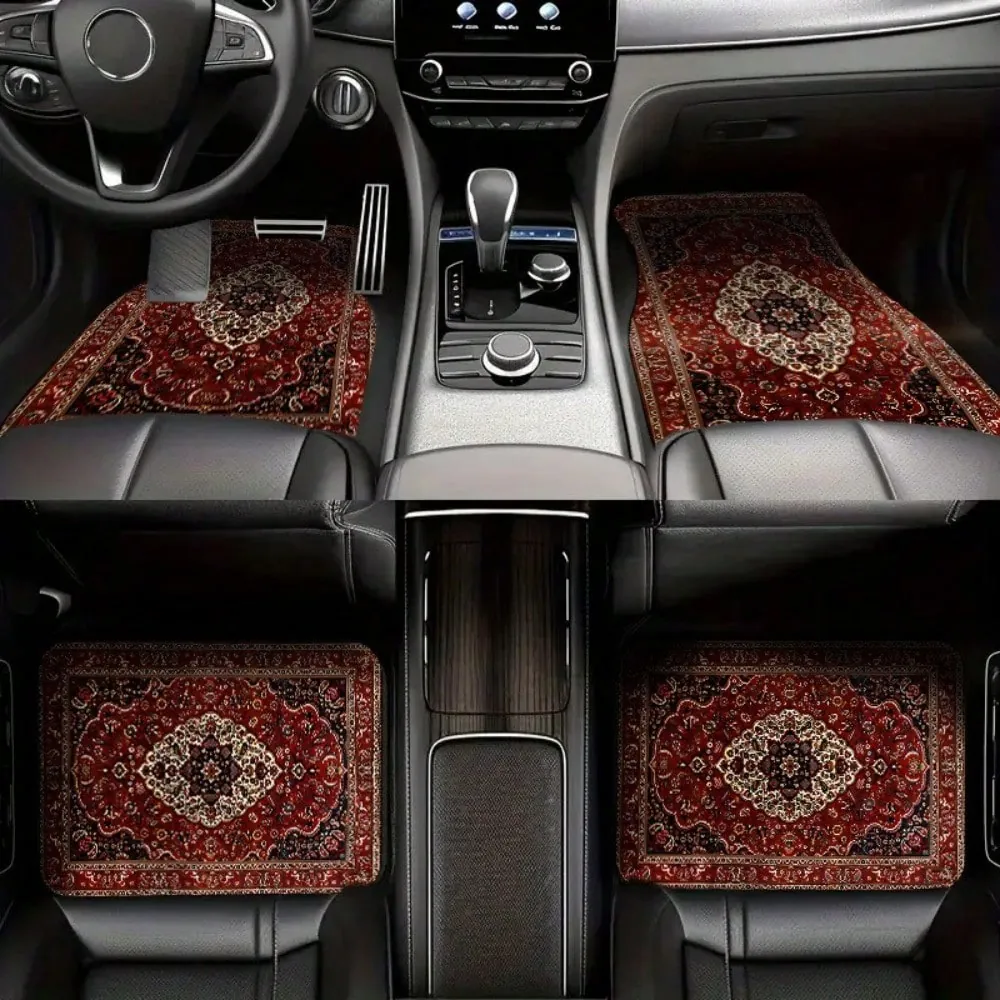 Tapis de sol voiture universels – Lot de 4, motifs marocains vintage, protection avant et arrière - A / Rouge