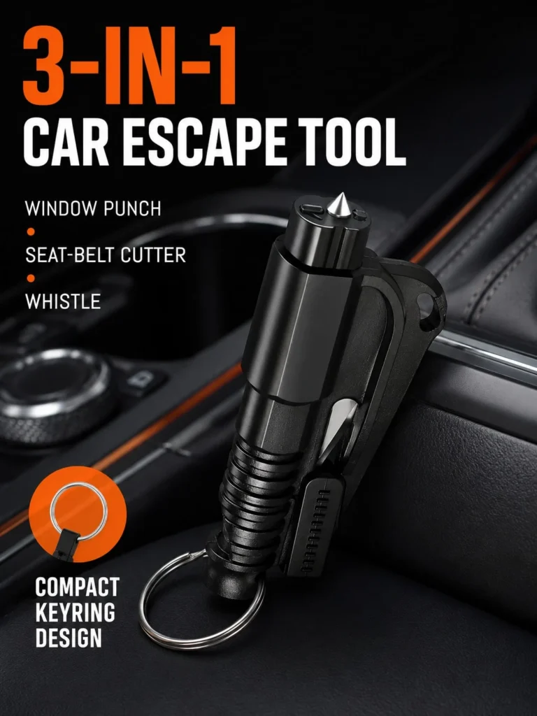 Brise-vitre de secours voiture 2-en-1 avec coupe-ceinture – Porte-clés d'urgence compact - 1 pièce