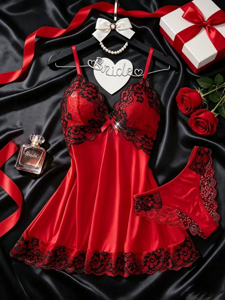 Ensemble nuisette femme 2 pièces en dentelle florale – Décolleté V et culotte assortie