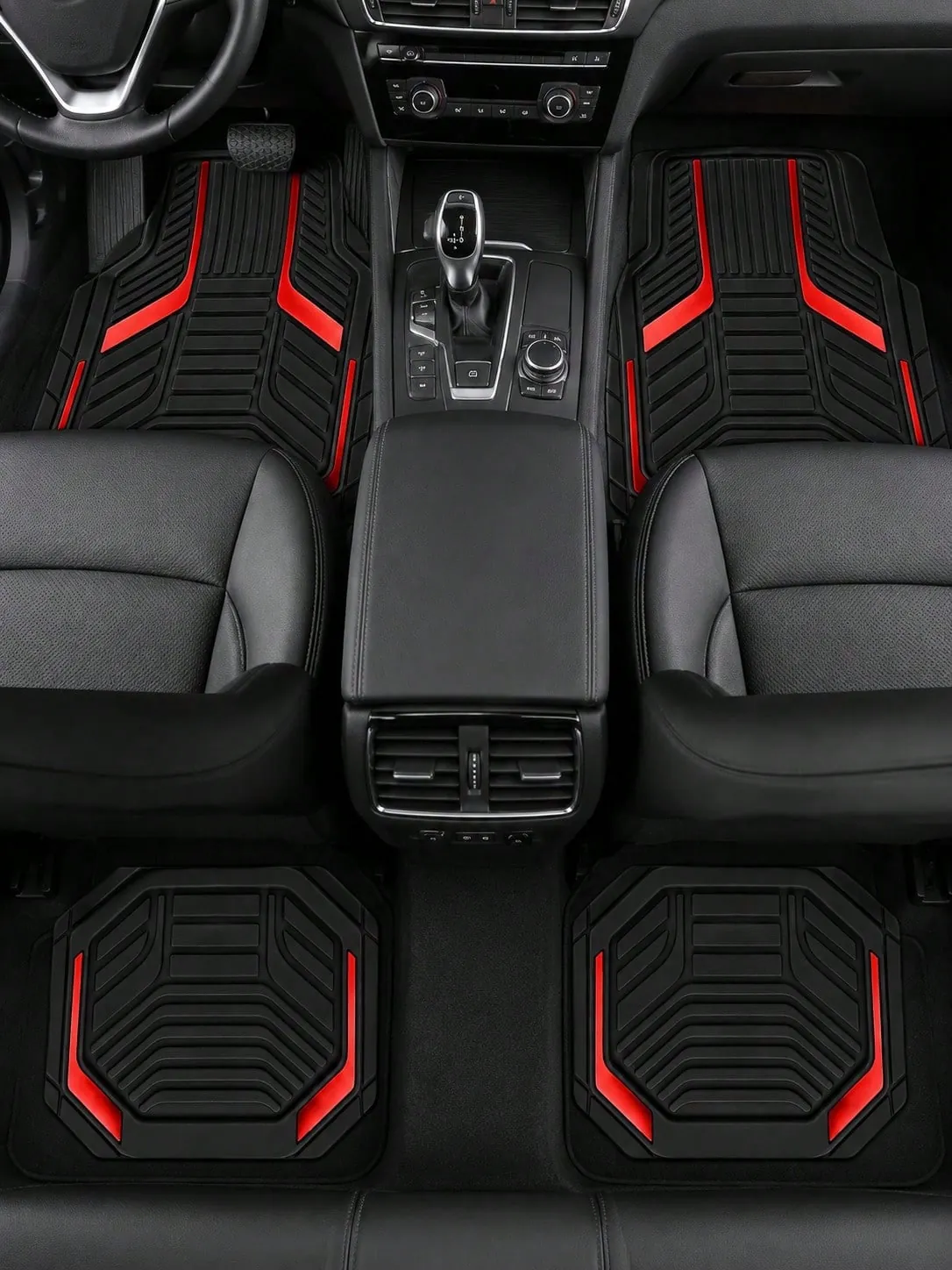 Universelle rutschfeste Autolaufmatten – Set von 4, geometrischer Design in Rot und Schwarz - A / Mehrfarbig
