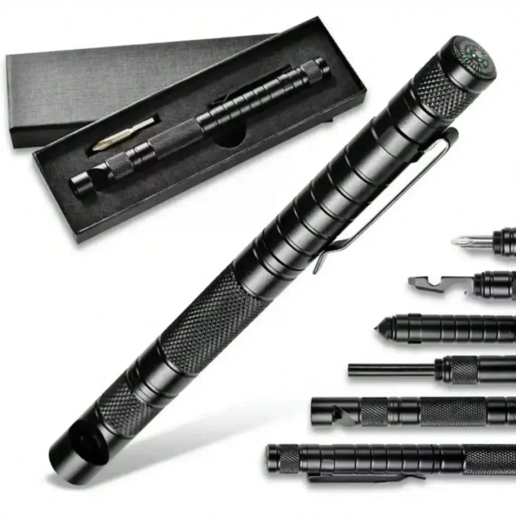 Stylo multifonction 4 en 1 avec tournevis, boussole, sifflet et ouvre-bouteille – Gadget homme - Stylo tactique / Noir