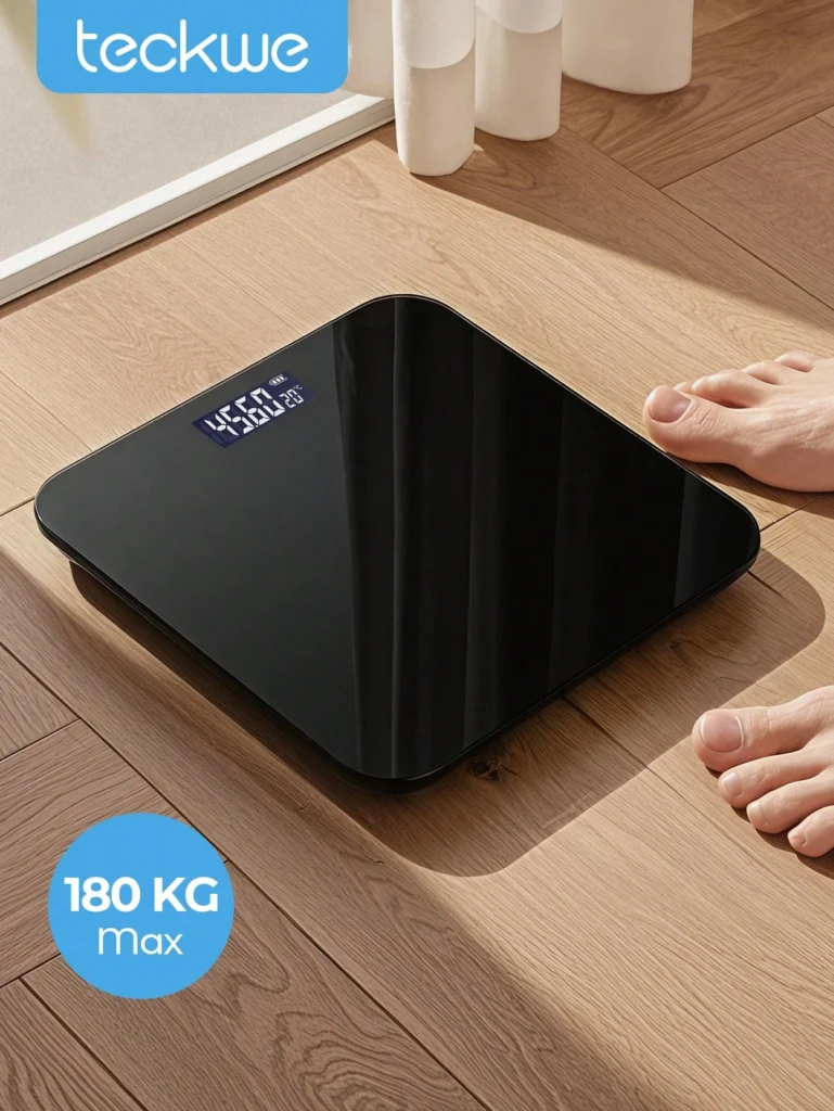Balance numérique Teckwe 180 kg avec écran LED invisible – Verre trempé et batterie rechargeable