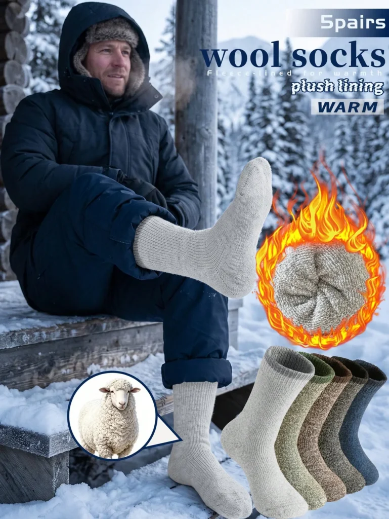 Set van 5 paar thermische sokken voor heren – Merinowol, winter en wandelen