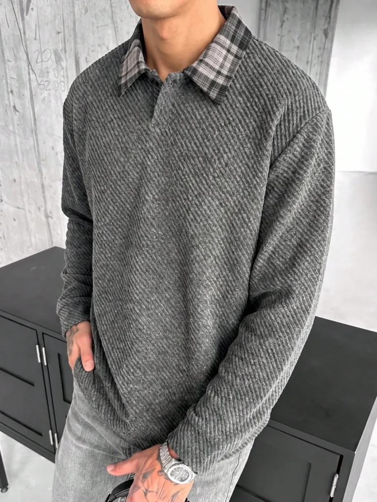 Polo Homme Vintage en Jacquard Texturé – Gris