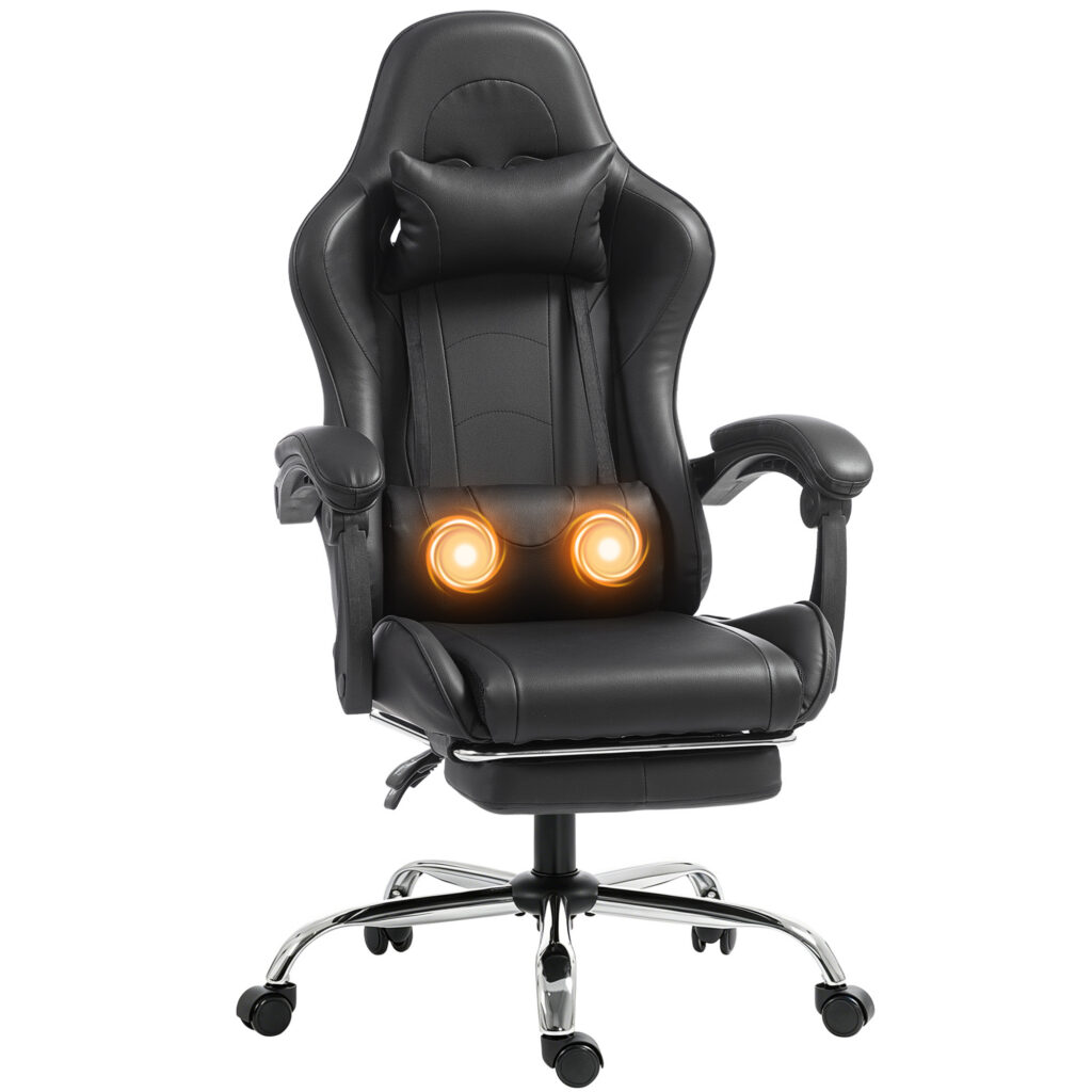 Fauteuil Gaming Ergonomique avec Massage USB, Repose-Pieds & Dossier Inclinable – Noir
