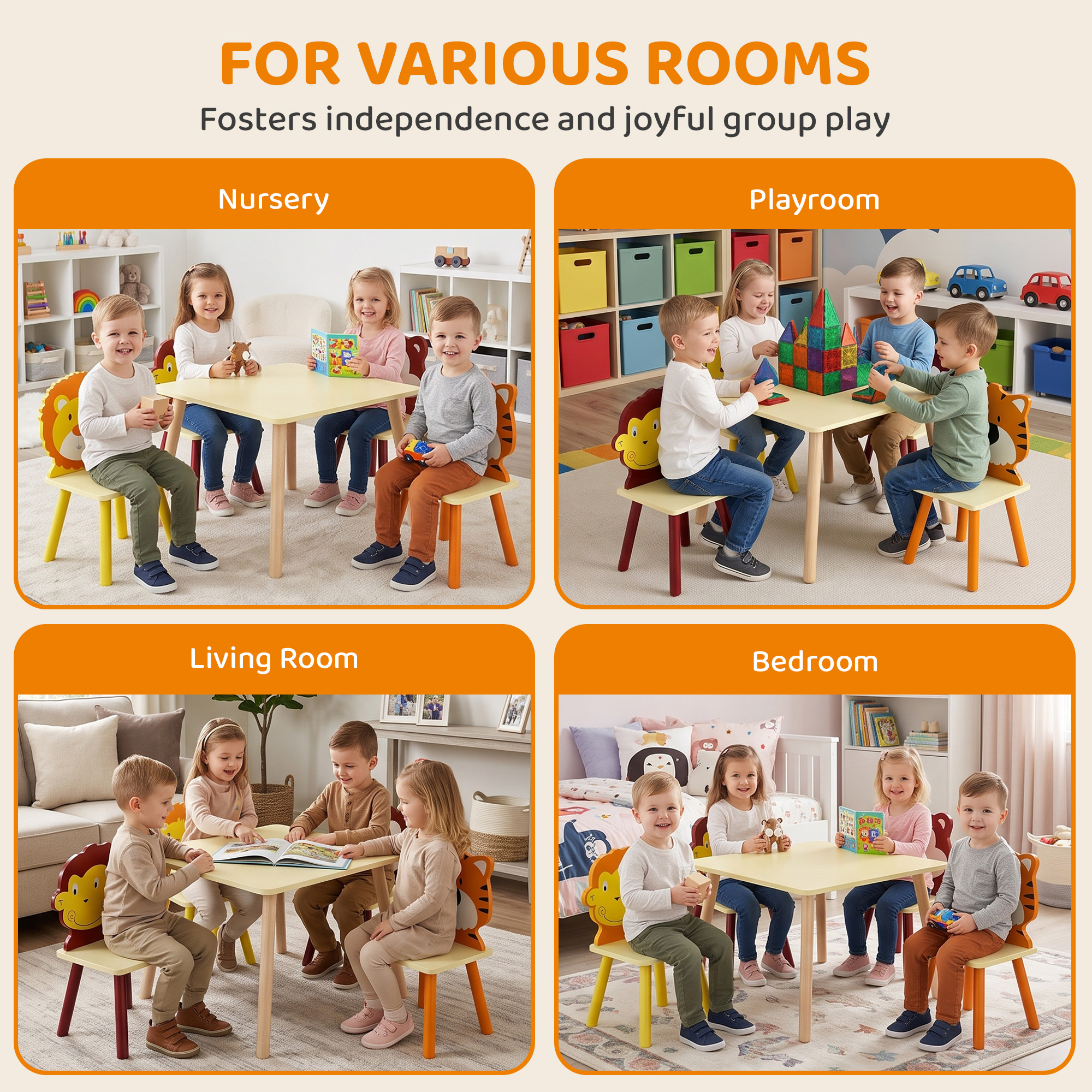 Table enfant avec 4 chaises animaux – Tigre, lion, singe et ours – Ensemble en bois coloré 3 à 8 ans - Image 9