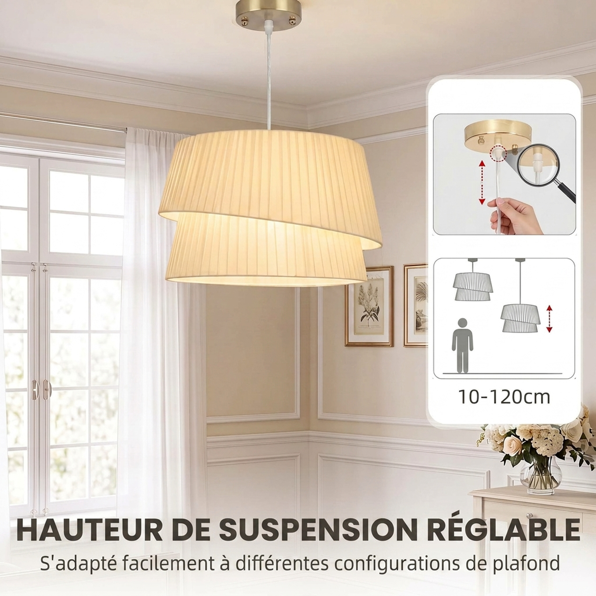 Suspension Luminaire Élégante à Double Abat-Jour, Rosace Dorée, Câble Réglable, Ampoule Non Incluse E14 40 W, Blanc - Image 6