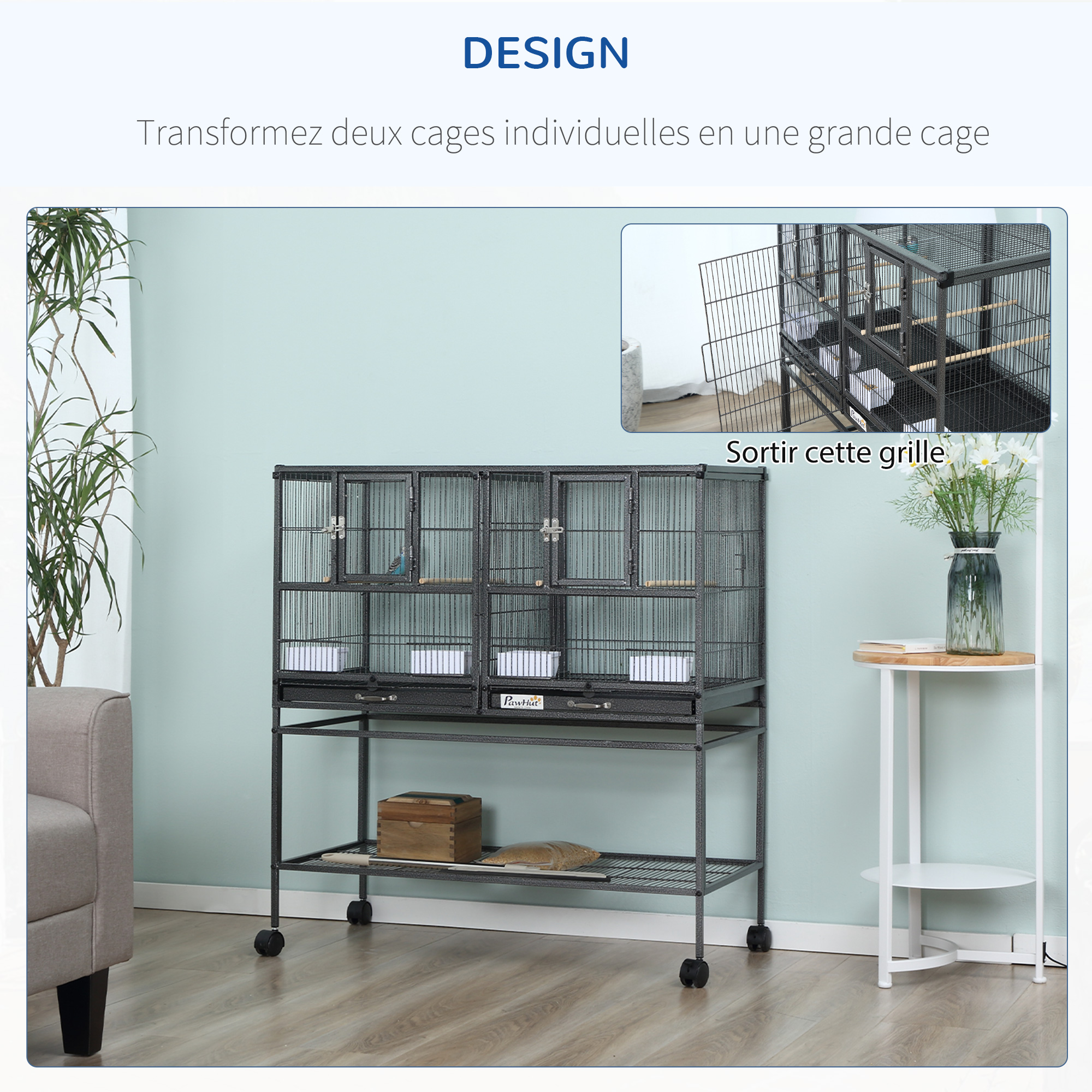 Volière pour Oiseaux PawHut – Double Cage Modulable sur Roulettes – Noir & Gris - Image 7