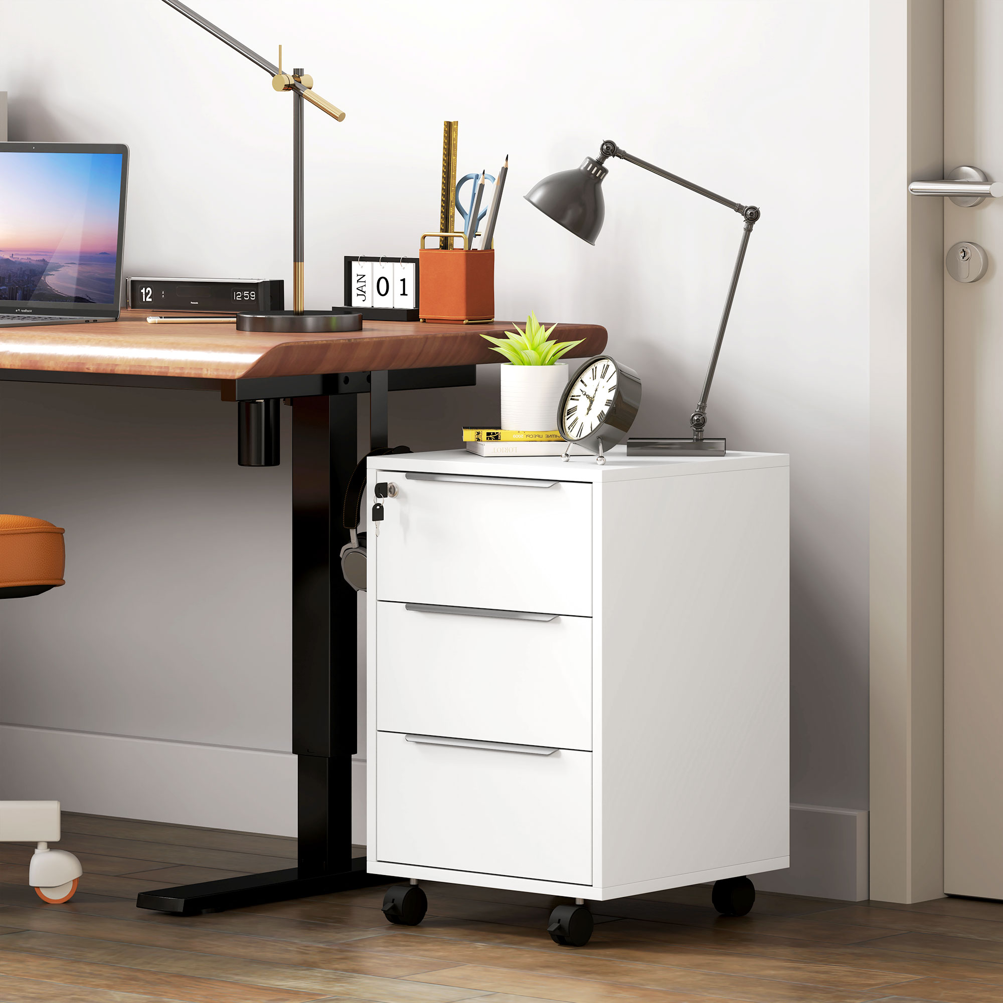 Caisson de Bureau Mobile 3 Tiroirs avec Serrure et Roulettes – Blanc - Image 10