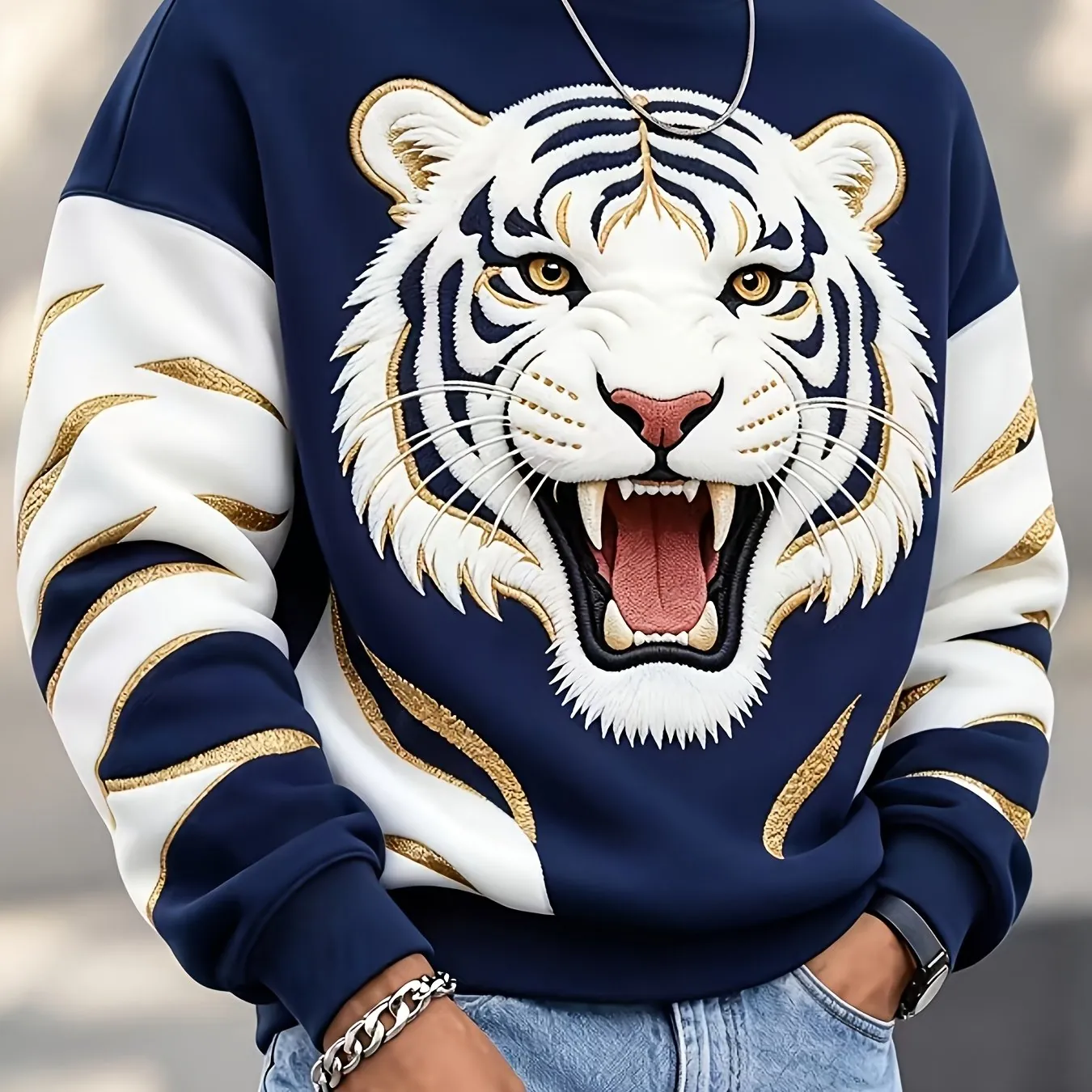 Sweat Homme Streetwear à Col Rond – Imprimé Tigre Blanc - Couleurs mélangées