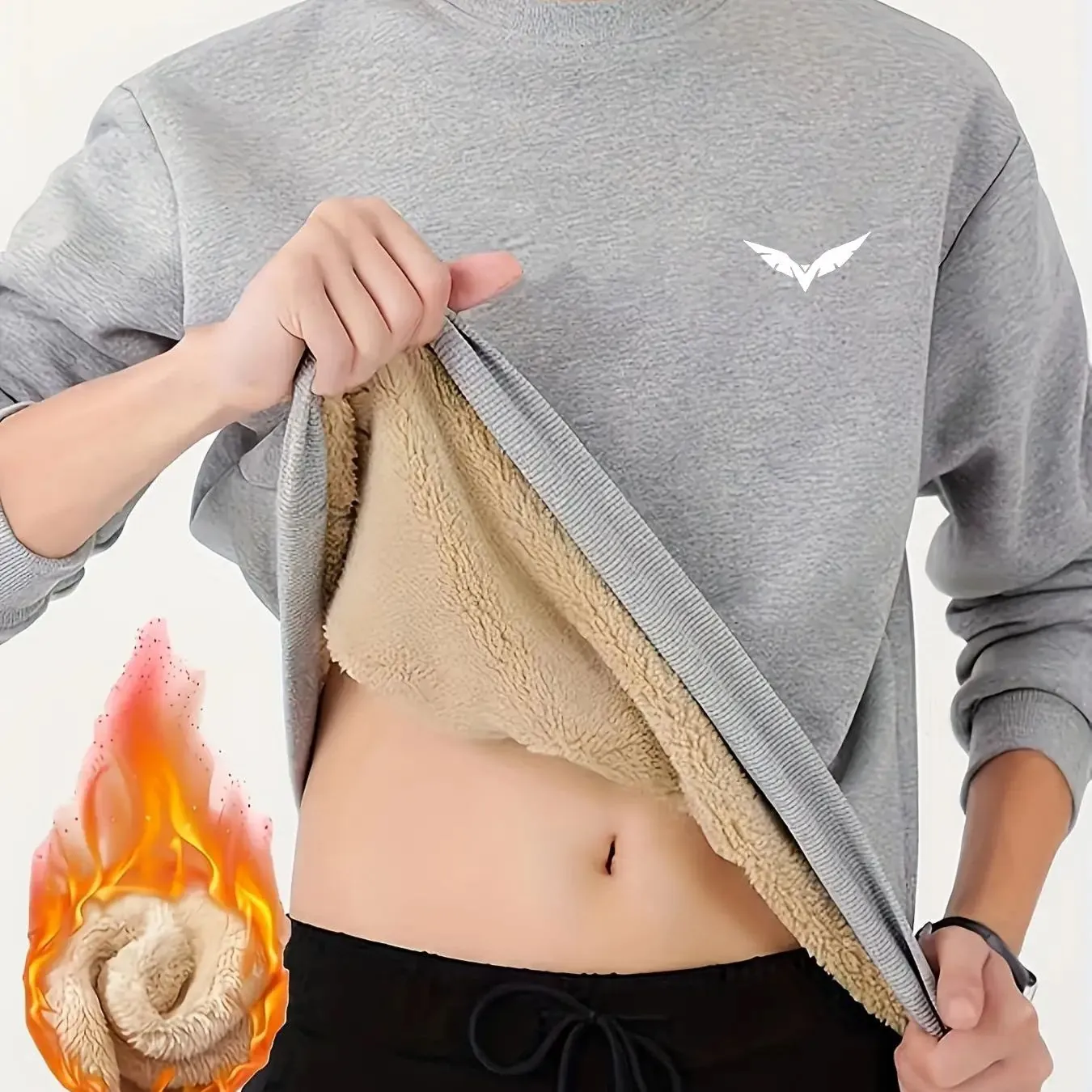 Sweat Homme en Polaire Épaisse à Col Rond – Motif Aile Blanche - Gris clair