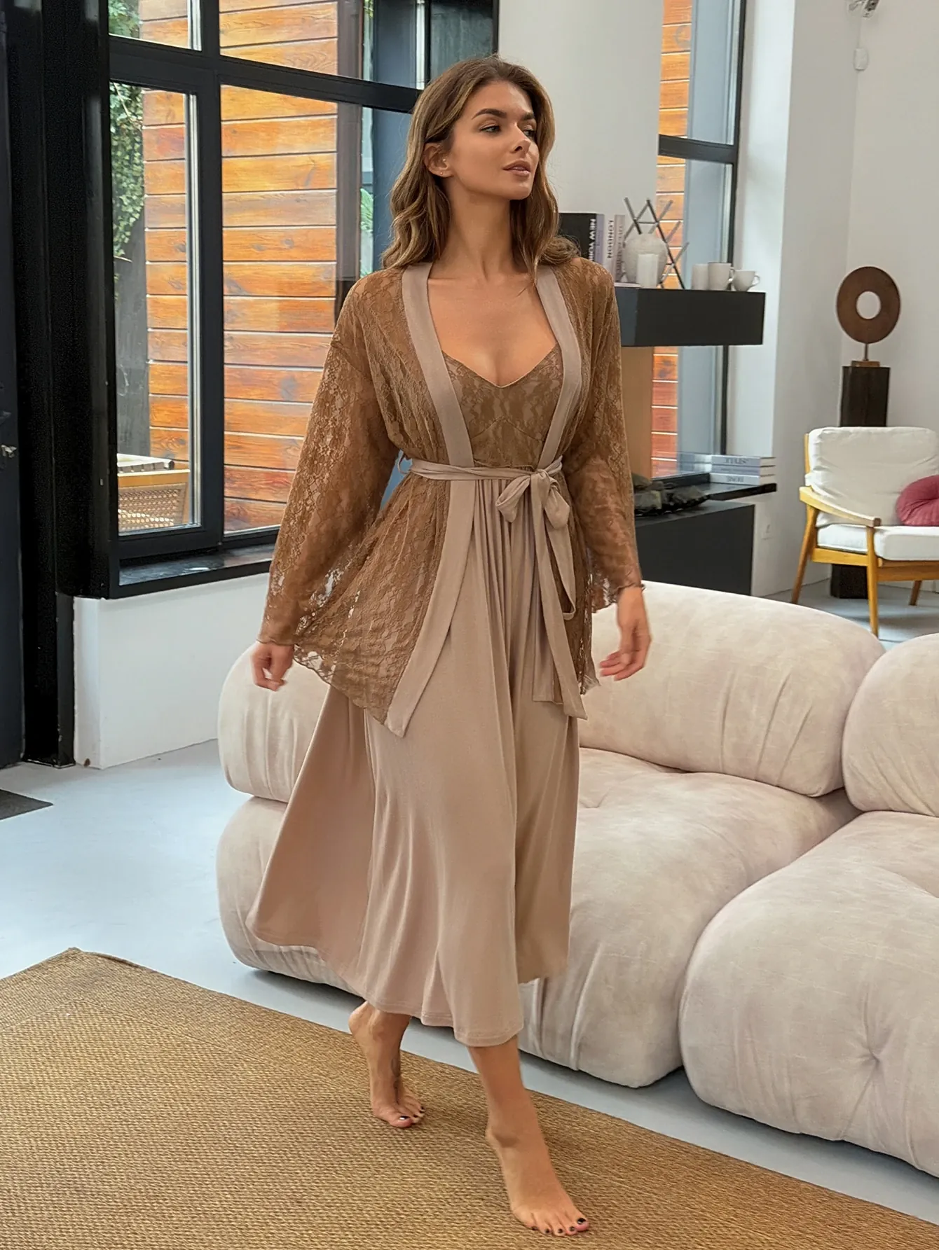 Livesso Ensemble de pyjama décontracté pour femme avec robe caraco patchwork en dentelle et cardigan, tenue d'intérieur pour l'automne