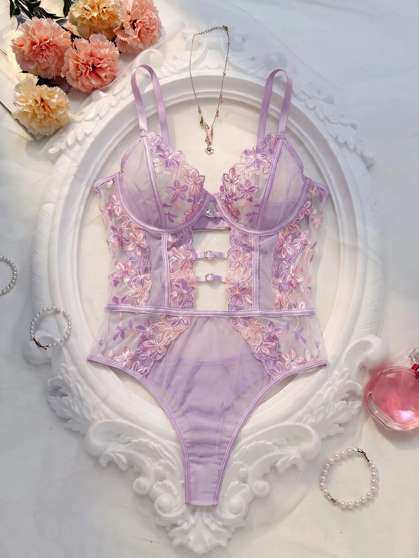 Seduluxe Body femme en maille transparente avec broderie florale – Lingerie élégante - Parme