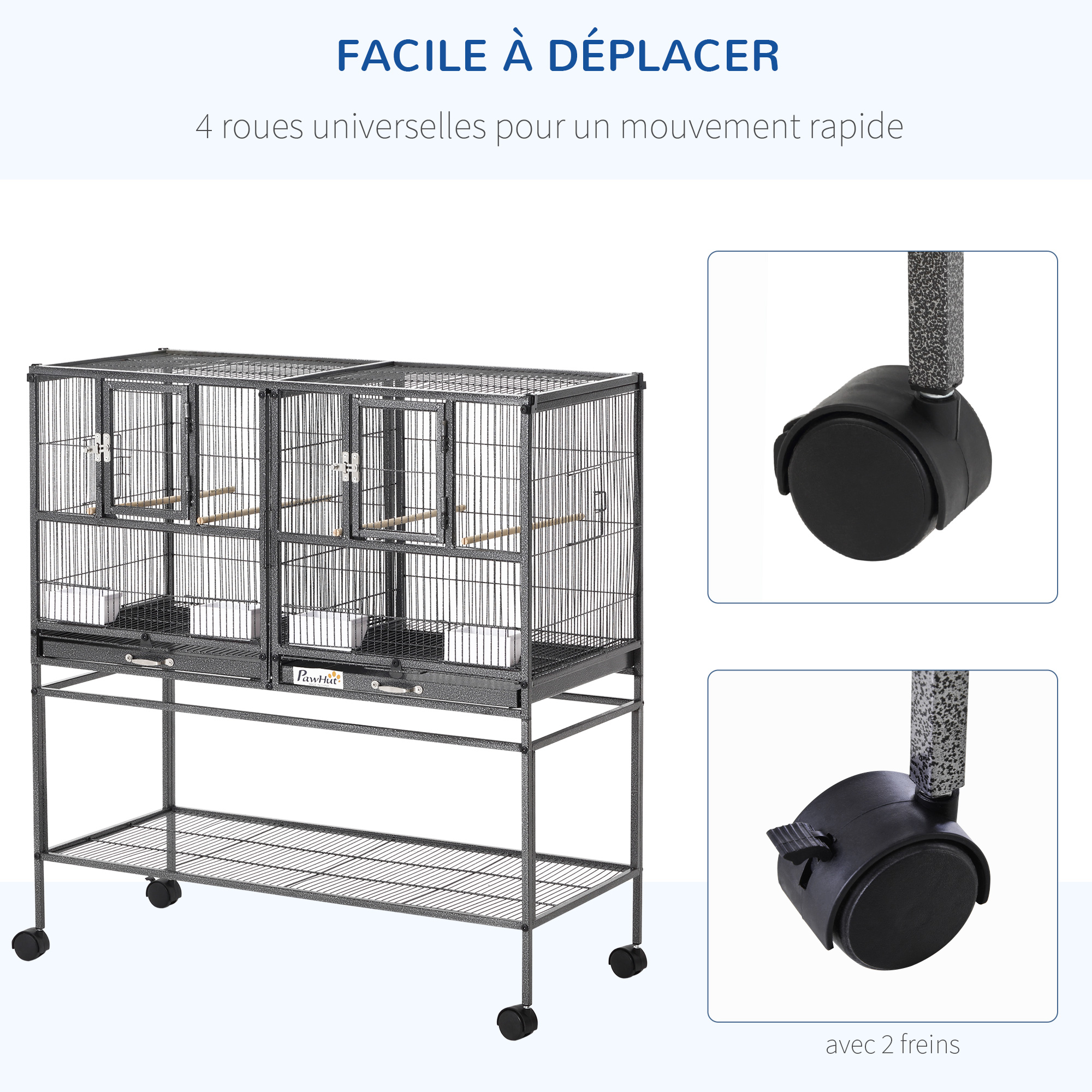 Volière pour Oiseaux PawHut – Double Cage Modulable sur Roulettes – Noir & Gris - Image 6