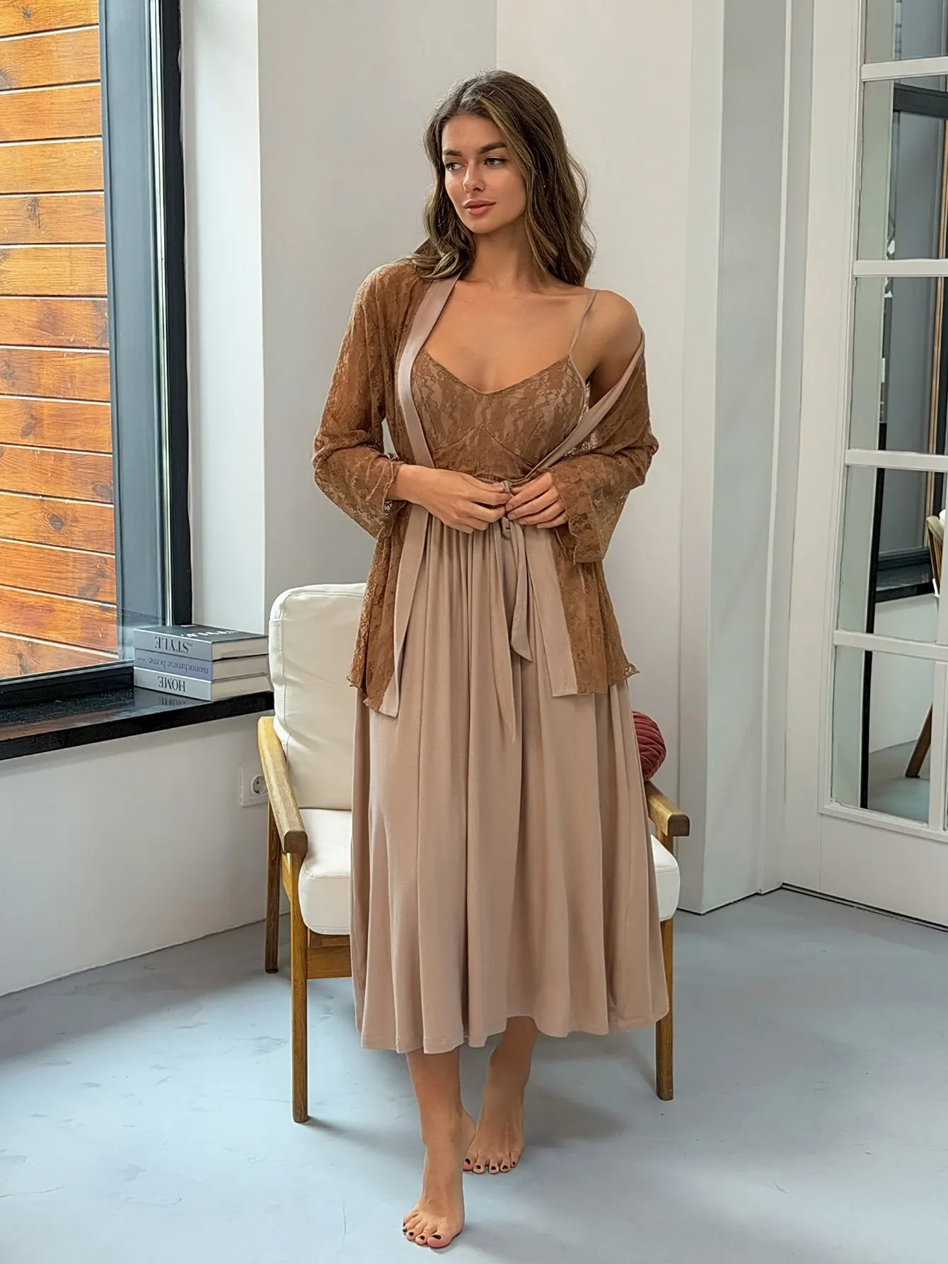 Livesso Ensemble de pyjama décontracté pour femme avec robe caraco patchwork en dentelle et cardigan, tenue d'intérieur pour l'automne