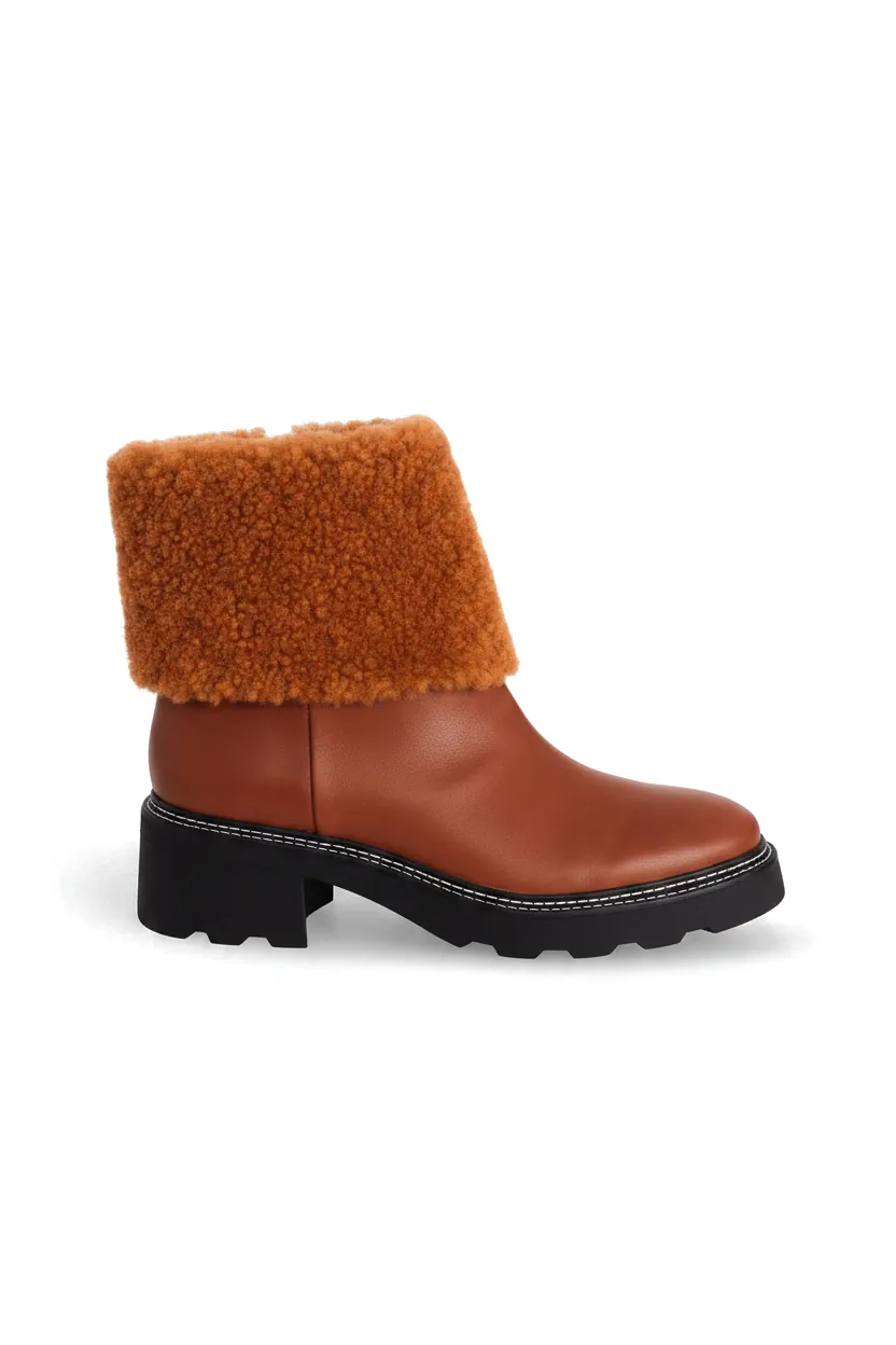 Bottines Femme Andira en Cuir Cognac avec Col Fourré – Talon 5 cm
