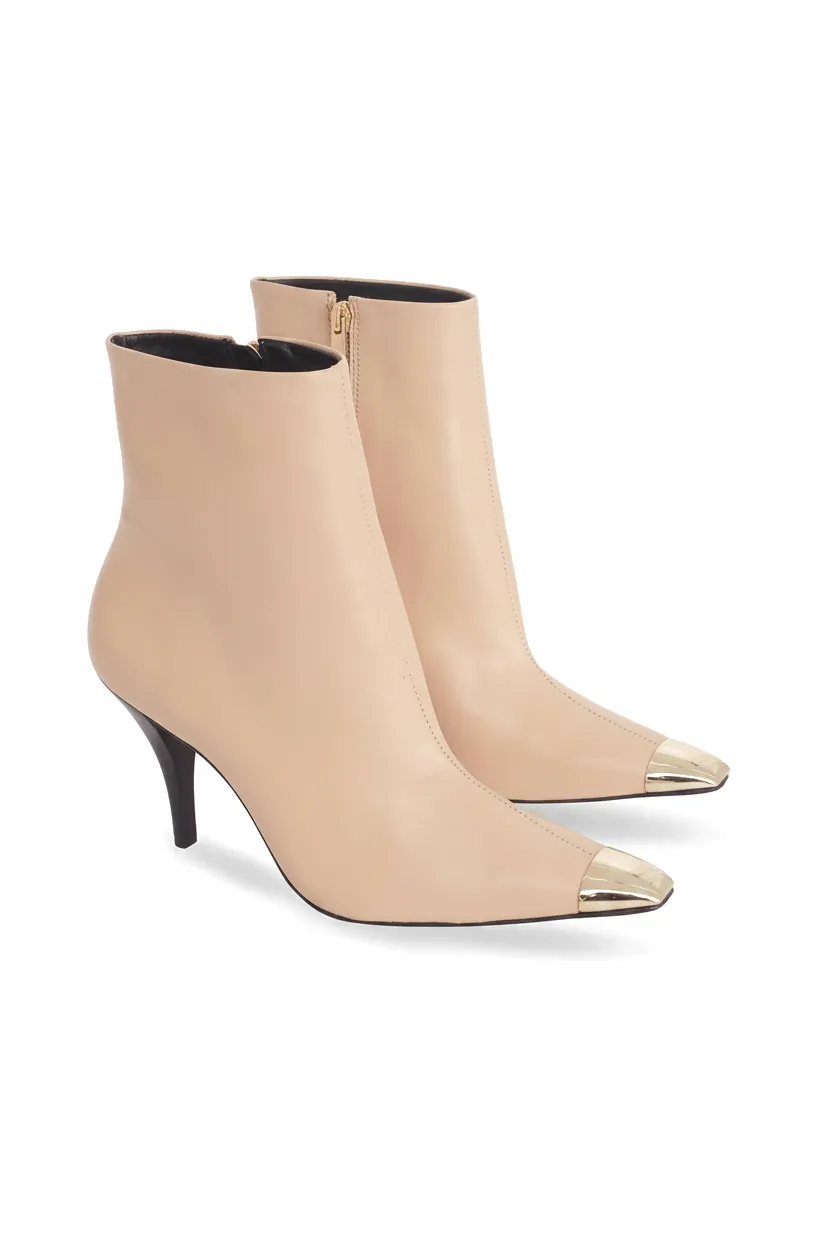 Inga Beige Leather Ankle Boots – Gold Toe Cap, 8.7cm Stiletto Heel - Image 2