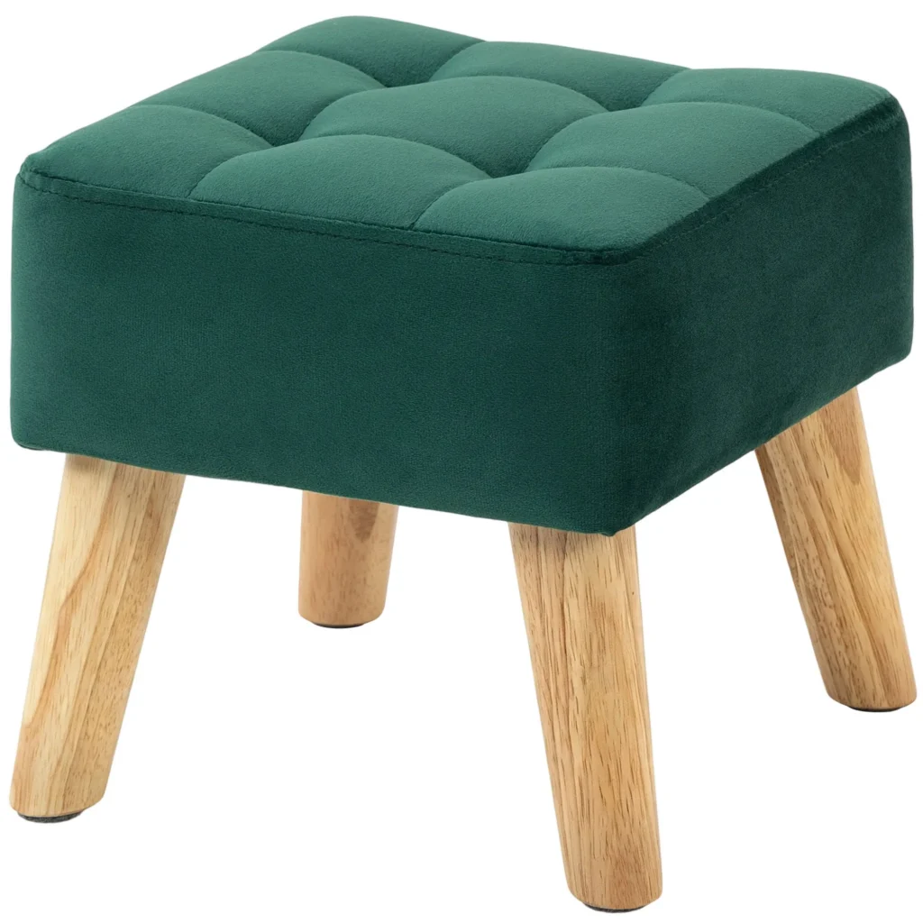 Repose-Pied Salon, Ottoman, Siège Rembourré en Tissu avec Pieds en Bois, 27 x 27 x 26 cm, Vert Foncé