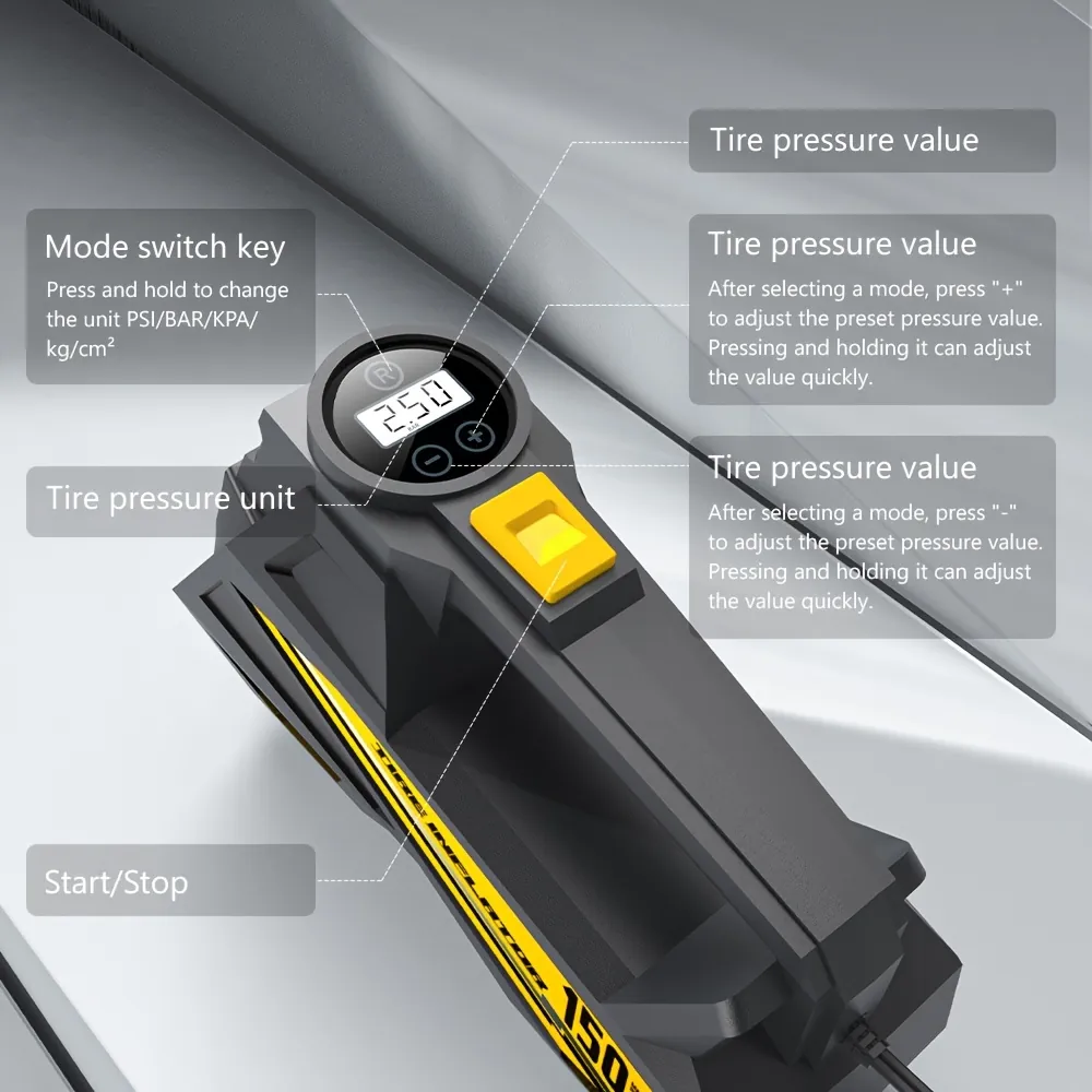 Compresseur d'Air Portable 12V pour Voiture – Gonfleur Pneus Digital 150 PSI avec LED