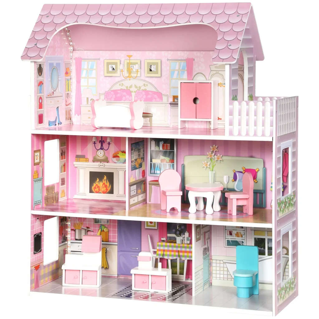 Maison de Poupée en Bois 3 Étages avec LED et 8 Meubles – Rose