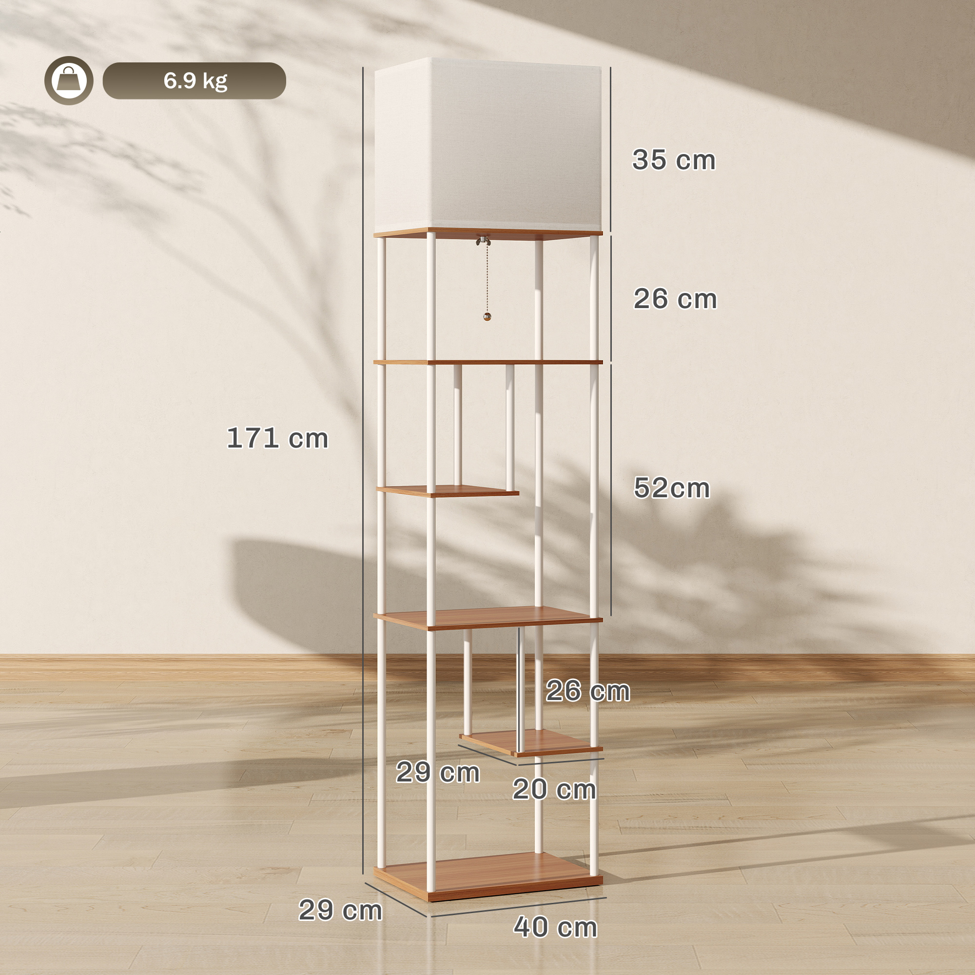 Lampadaire avec étagères, lampadaire sur pied de salon dimmable, télécommande, 40 x 29 x 171 cm, bois naturel - Image 3