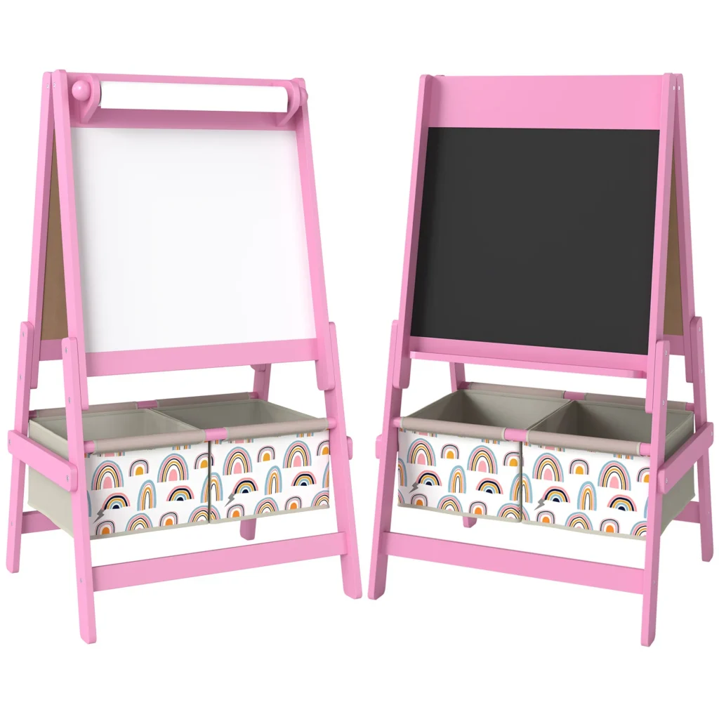 Chevalet enfant 3 en 1 rose – Tableau noir et blanc, rouleau papier et rangements – 3 à 8 ans