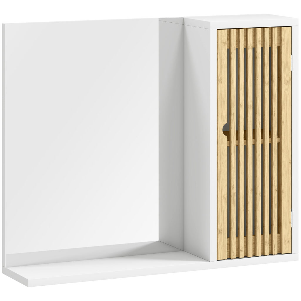Miroir de salle de bain avec rangement et porte en bambou – Étagères réglables, 60 × 50 cm – Blanc et bois naturel