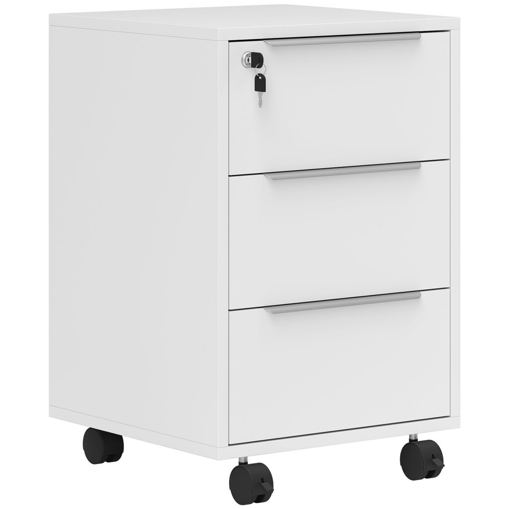 Caisson de Bureau Mobile 3 Tiroirs avec Serrure et Roulettes – Blanc