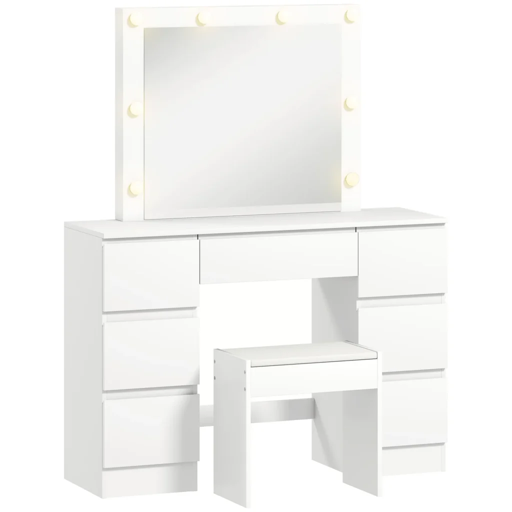 Coiffeuse avec Miroir Hollywood LED & Tabouret – 7 Tiroirs – Blanc