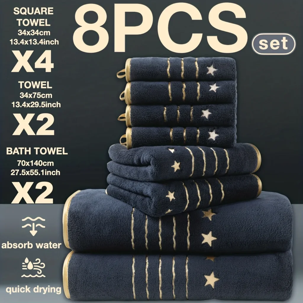 Lot de 8 Serviettes de Bain et Toilette – Bleu Marine avec Motifs Étoiles - Gris profond