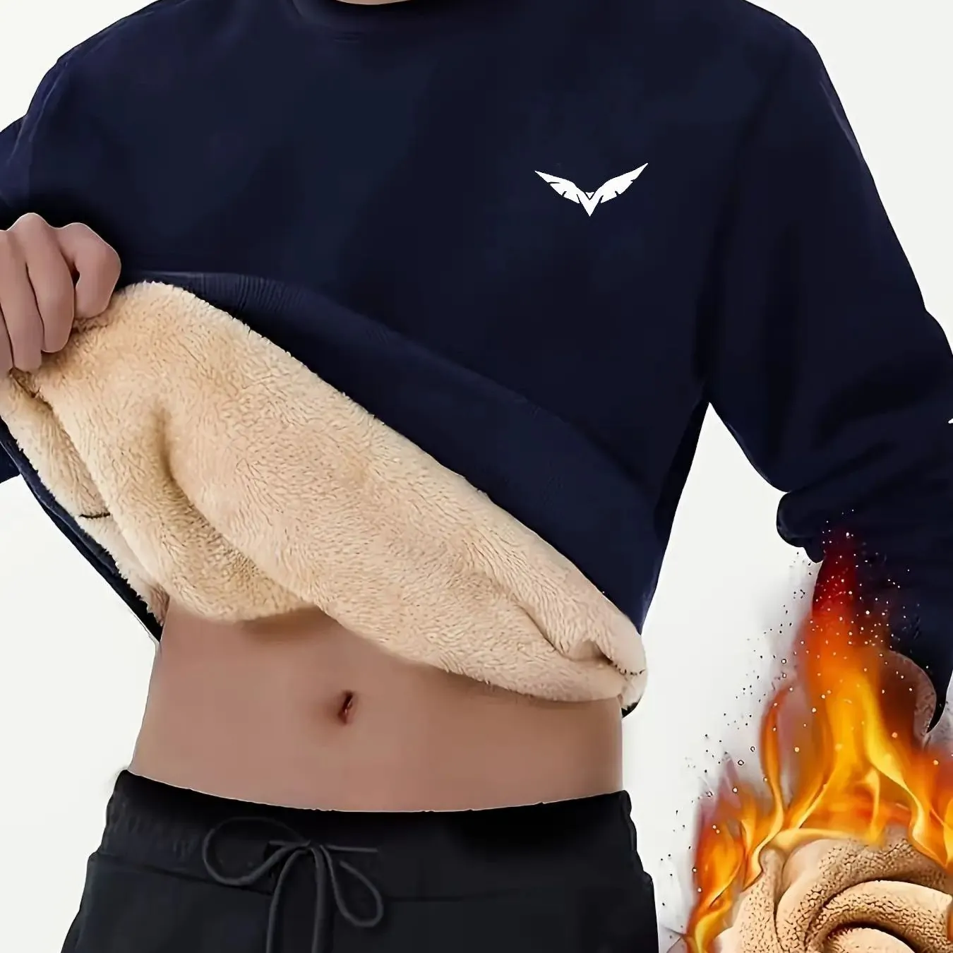 Sweat Homme en Polaire Épaisse à Col Rond – Motif Aile Blanche - Couleur Marine