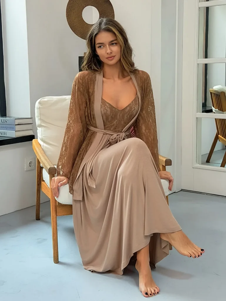 Livesso Ensemble de pyjama décontracté pour femme avec robe caraco patchwork en dentelle et cardigan, tenue d'intérieur pour l'automne - Camel