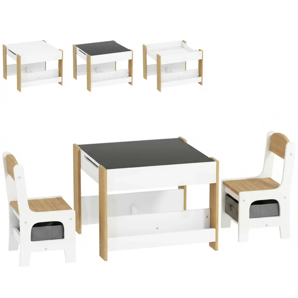 Table enfant avec 2 chaises et tableau noir réversible – Rangements intégrés, blanc et bois naturel – 3 à 8 ans