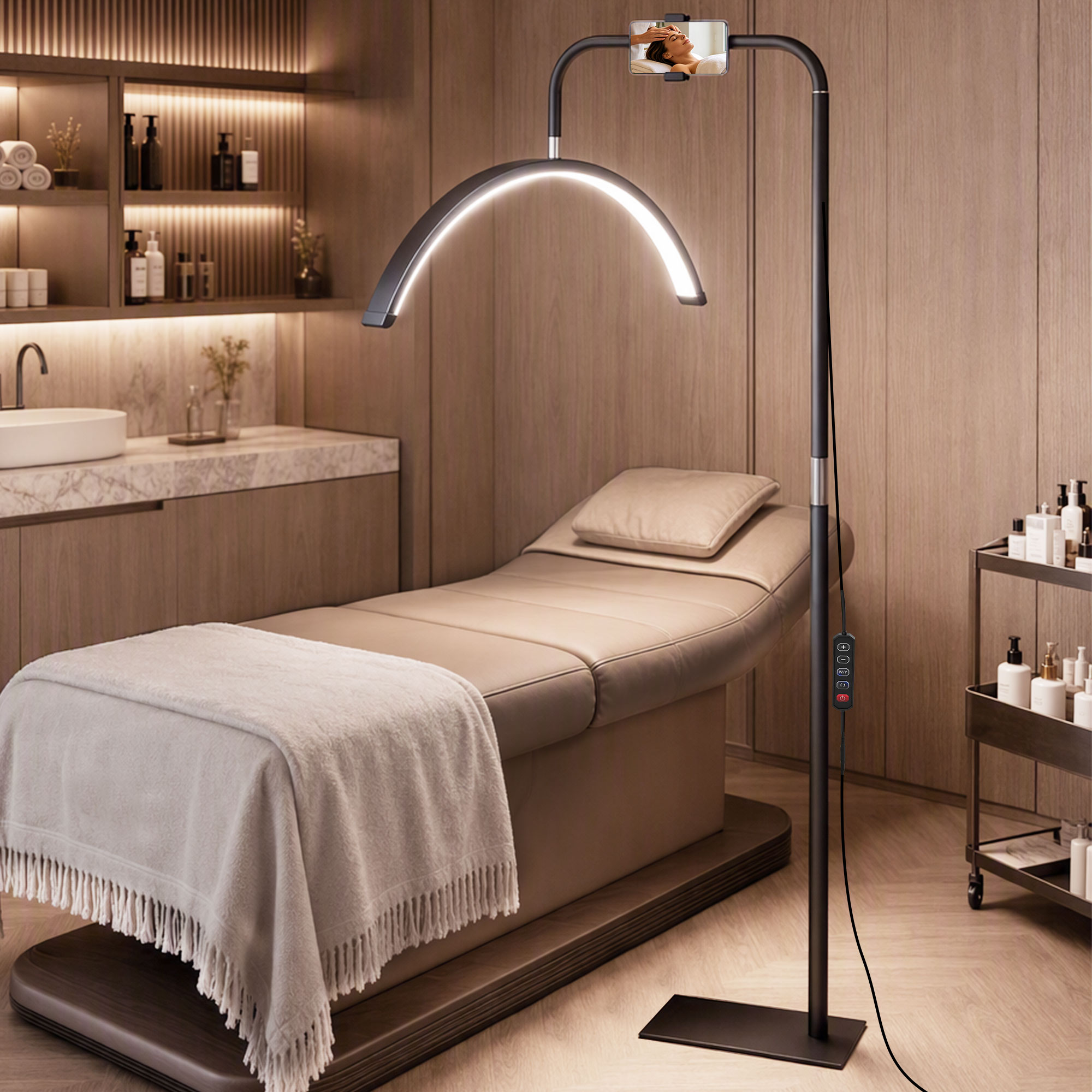 Lampadaire LED demi-lune rotative 350°, lampadaire sur pied salon dimmable 36 W, 7 températures de couleur, noir - Image 2