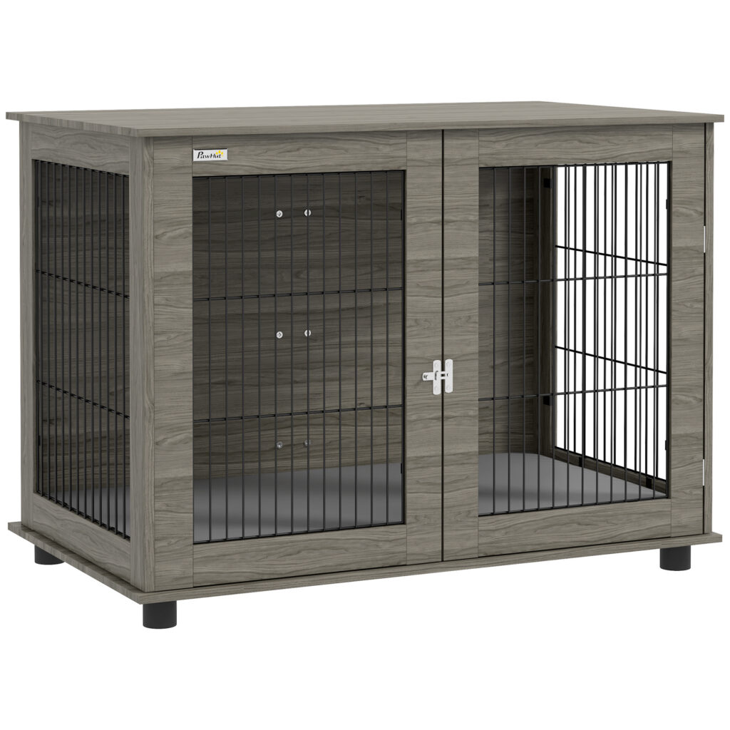 Cage pour Chien 2-en-1 avec Coussin et Table d’Appoint – 100 cm – Gris