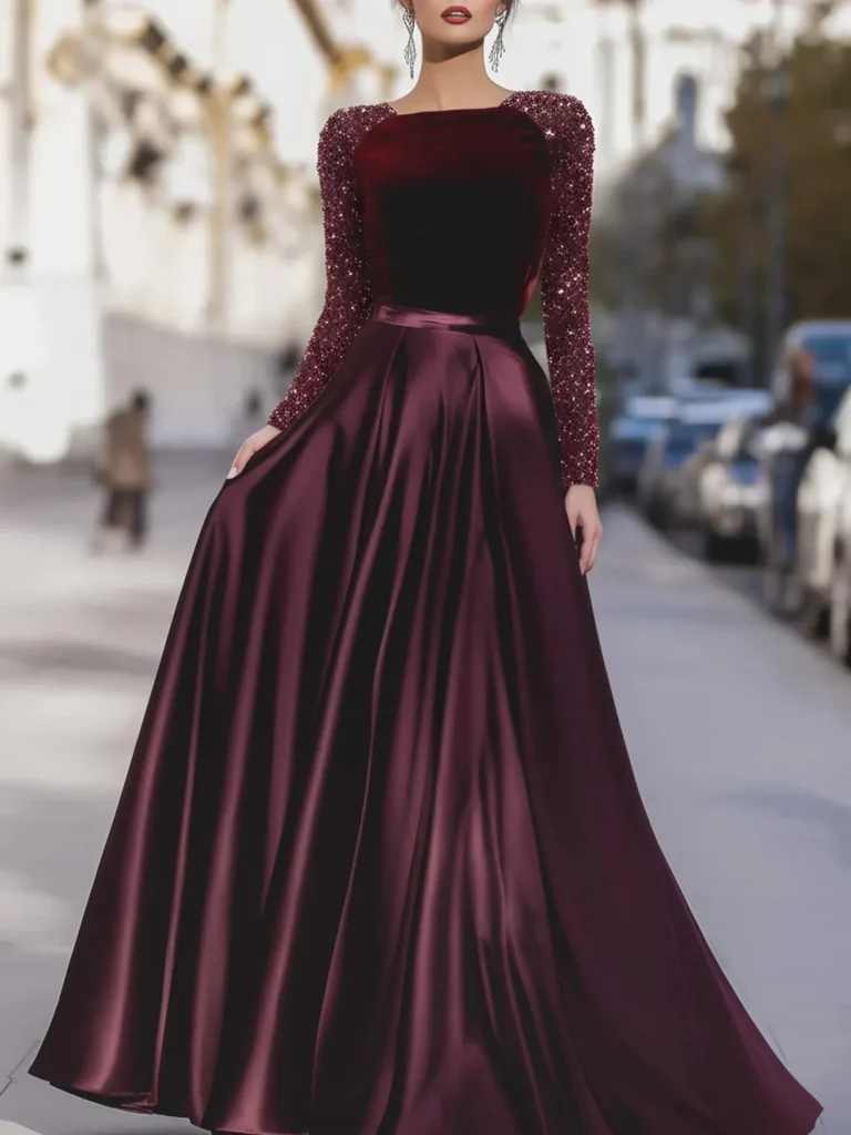 Robe de Soirée Longue Femme – Velours, Manches à Sequins et Jupe Satinée – Bordeaux