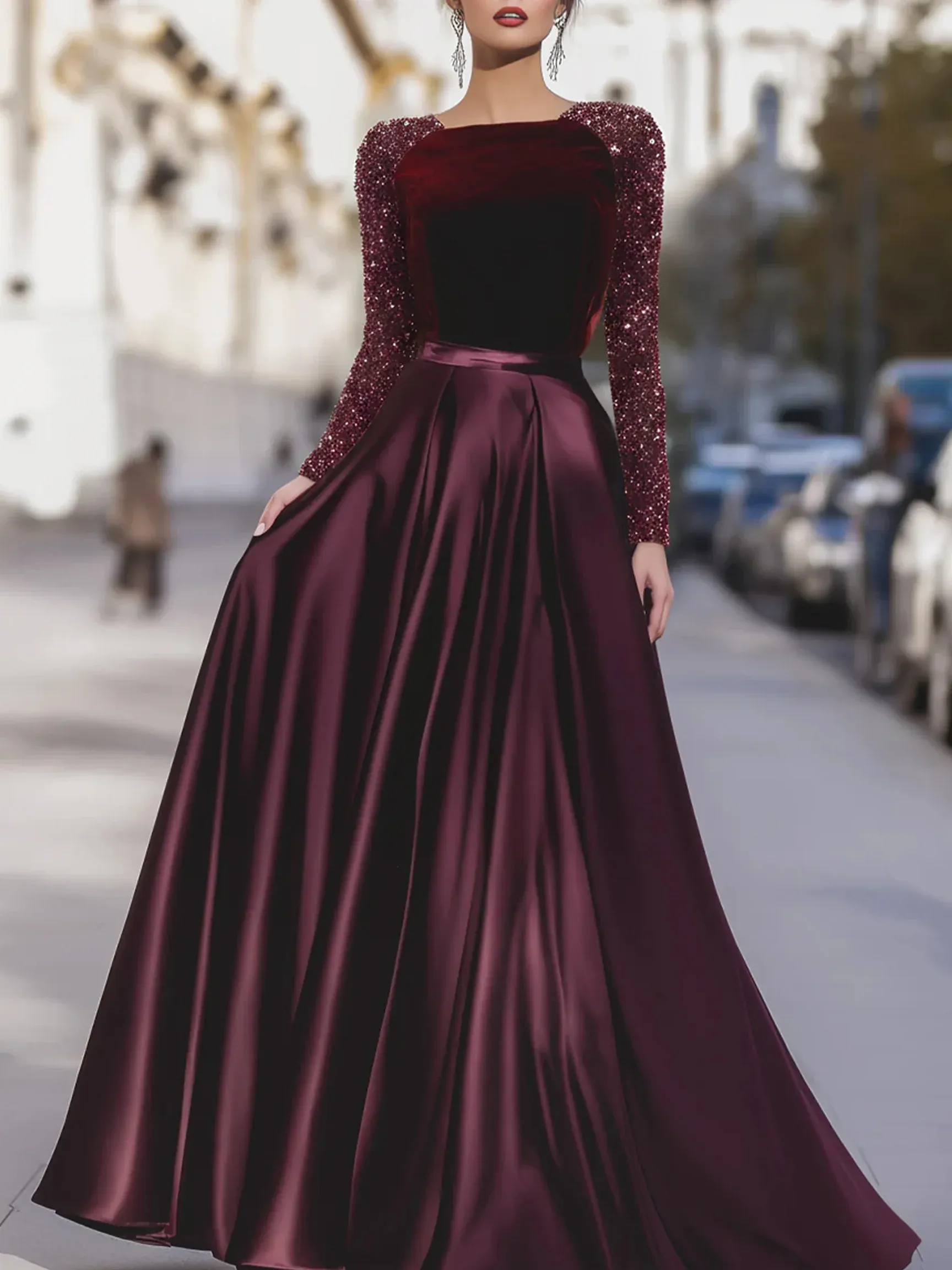 Robe de Soirée Longue Femme – Velours, Manches à Sequins et Jupe Satinée – Bordeaux