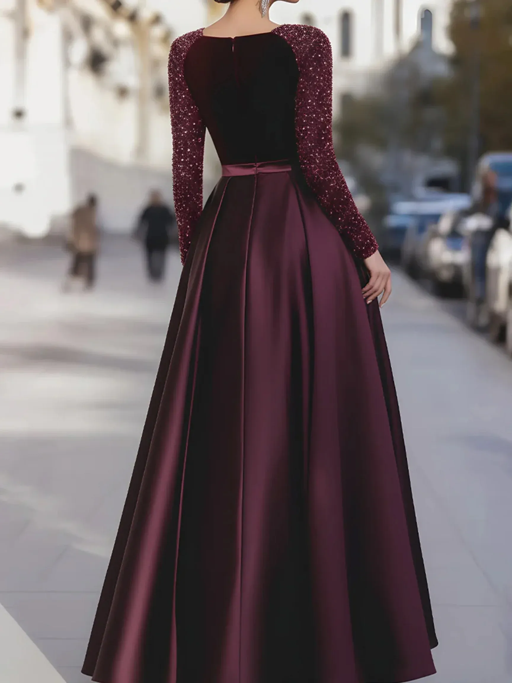 Robe de Soirée Longue Femme – Velours, Manches à Sequins et Jupe Satinée – Bordeaux - Image 2
