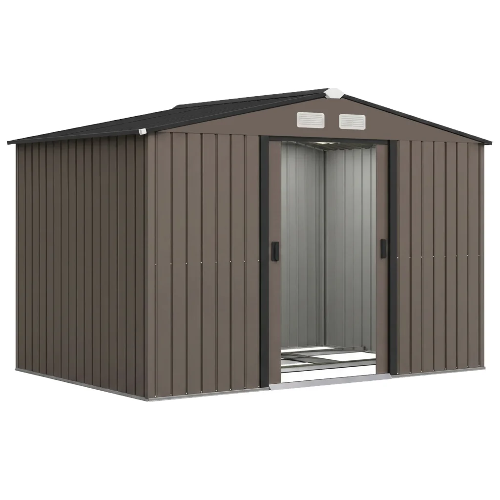 Abri de jardin en métal galvanisé 5,4 m² – Double porte coulissante, ventilation et kit de fondation – Marron