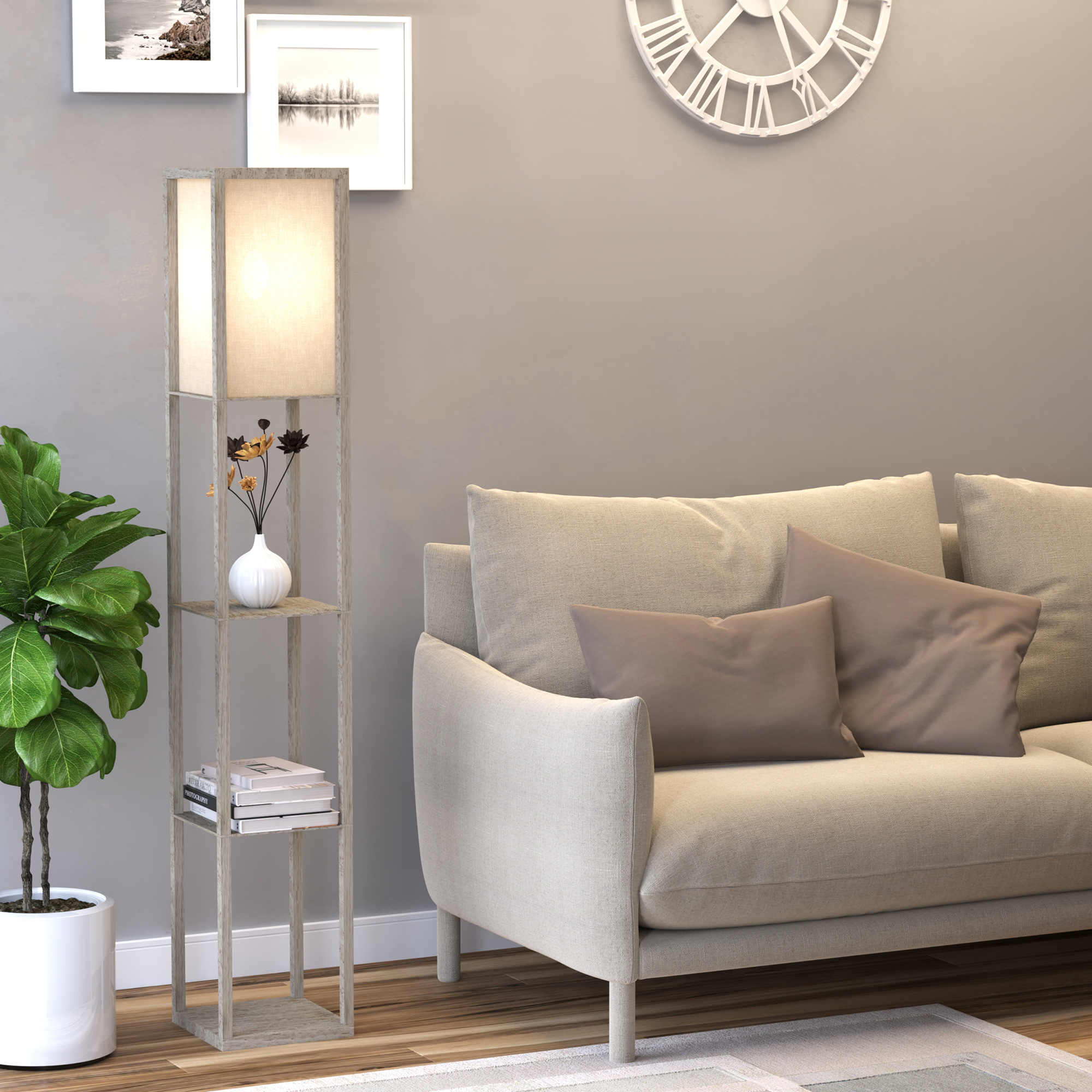 Lampadaire étagère 26L x 26l x 160H cm 3 étagères 4 Niveaux MDF chêne - Image 2