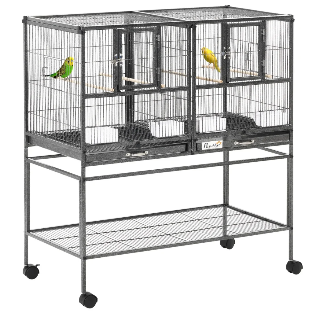 Volière pour Oiseaux PawHut – Double Cage Modulable sur Roulettes – Noir & Gris