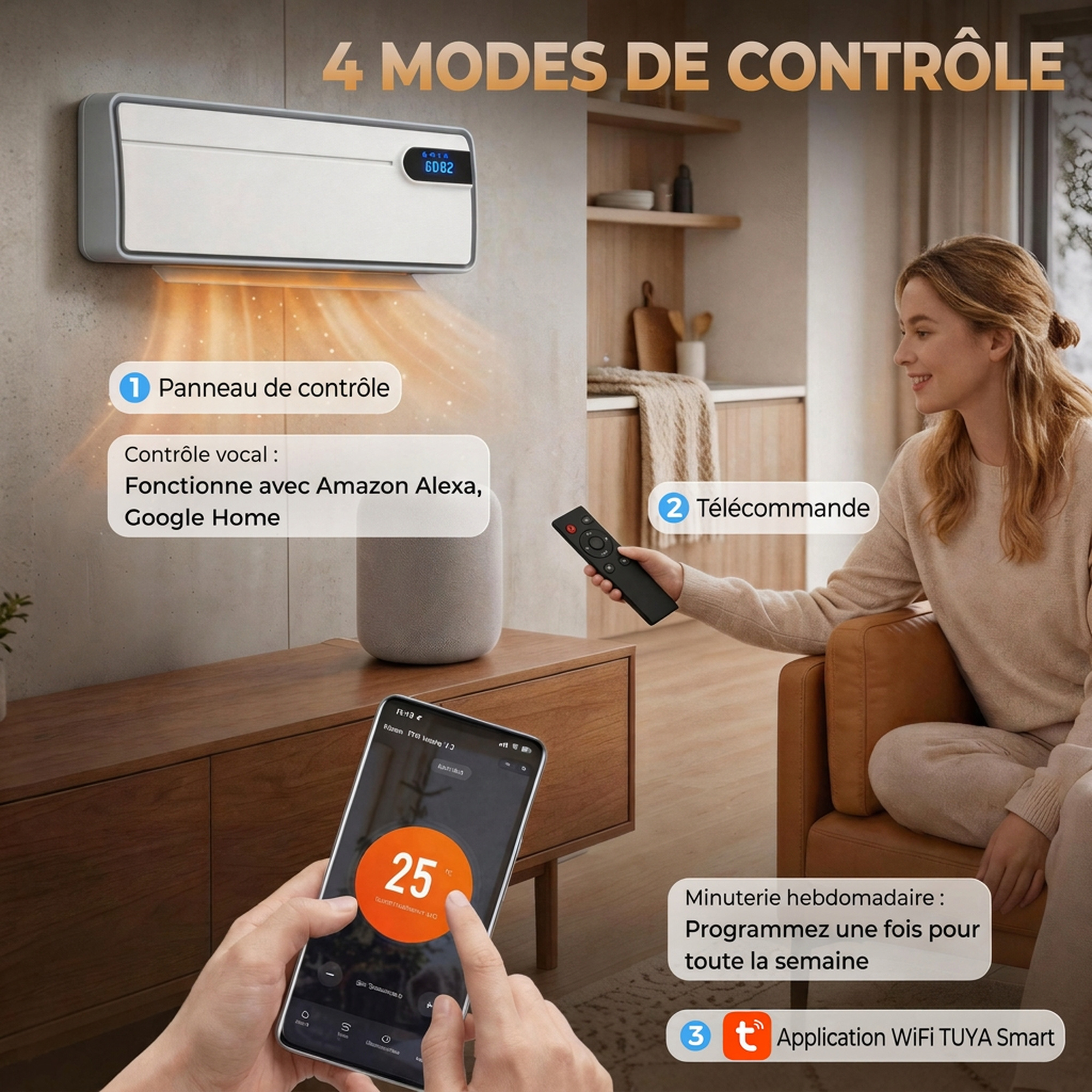 Chauffage soufflant mural connecté Wi-Fi 2000 W – Céramique PTC, Tuya, Alexa, Google Assistant et télécommande – Blanc – Bild 7